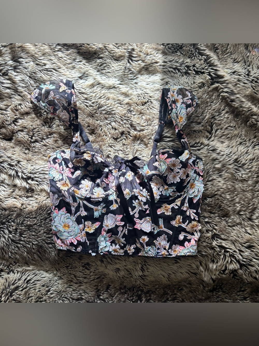 Victoria's Secret Black Floral Crop Bustier Top with Pastel Flowers